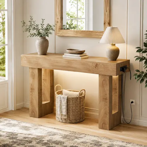 47'' Farmhouse Console Table with Power Outlets and Motion Sensor Light, Wooden Entryway Table Sofa Table for Entrance, Hallway, Living Room