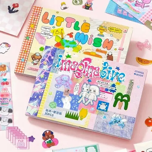 A6 Split-Design Decorative Stickers Book - 2 Styles, 30 Sheets, Mini Easy-to-Peel Double-Sided Stickers, Cool Pastel/Warm Cozy Writable Memos, Mixed Finish Embellishment Decals for Bujo Scrapbooking, Adhesive Tabs, Gift for Journaling Fans