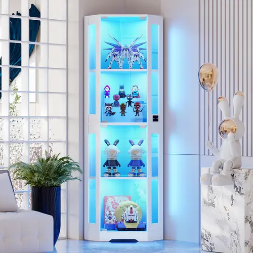 MIIFUNY 65" Corner Glass Display Cabinet with LED Lights, 4-Tier Showcase Display Case with Glass Doors & Human Body Sensor, Curio Cabinet for Collectibles, Figure, Liquor, White