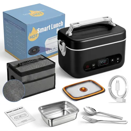 Cordless Heated Lunch Box - Leakproof, Insulated, Non-Toxic Stainless Steel Thermal Tableware Set with Lid, 12000mAh Battery, 220°F Max Warmer, Included Fork, Portable for Office/Car, Dishwasher Safe, Lunch Boxes