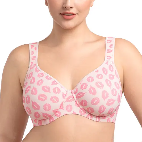 HSIA Joan Comfortzone Playful Lip Print Unlined Plus Size Full Coverage Underwire Support Bra Minimizer Bra for Big Busted Women Reduces 1.5 Cups with Wide Adjustable Cushioned Straps and U-Back Smoothing Shaping Lingerie