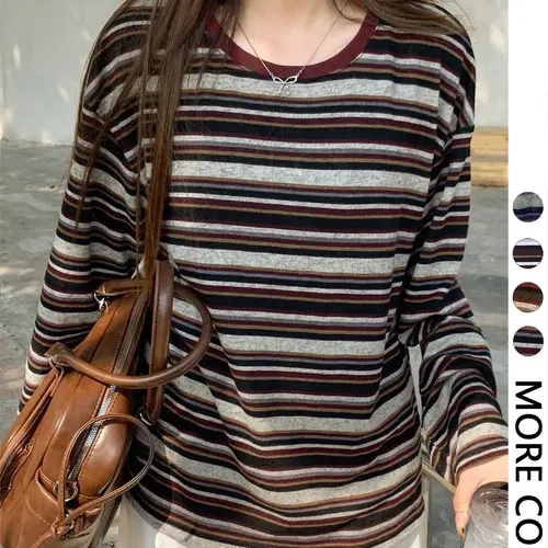 Women's Casual Striped Long Sleeve T-Shirt, Comfortable Cotton Tee for Daily Wear, Stylish Ladies' Top for Spring & Fall Seasons