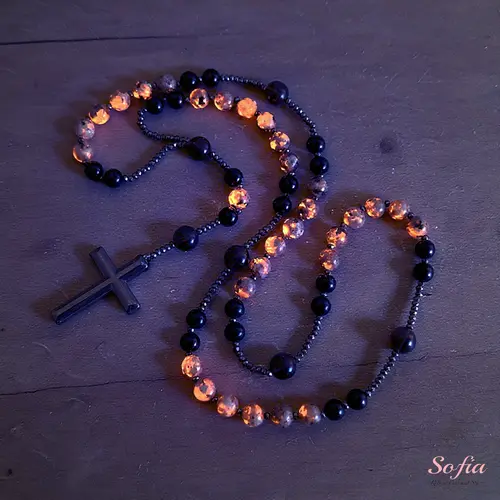 Natural Obsidian Yooperlite Rosary Necklace UV Reactive Protection Necklace Hematite Stone Cross Pendant Necklace Gift for her, gift for him