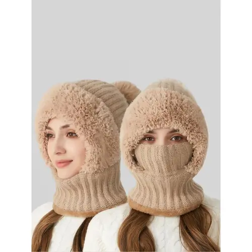 Women's Solid Color Thick Yarn Animal Beanie - Pom Pom Decor, Bunny Head Hat, Cute Furry Keep Warm Fall Winter Fashion Accessory, Animal Hats, Bunny Head Hats,sohochic