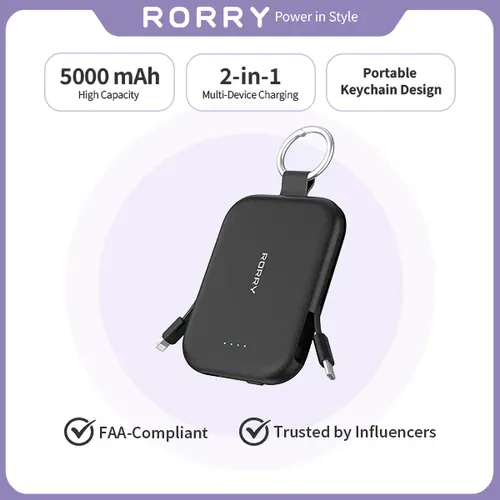 RORRY 5000/10000mAh Fast Charging Universal Power Bank - 2 Built-in Cables, Mini Keychain Portable Charger for iPhone & Android Mobile Devices, 5000mAh Black, Back to School, Device, Compact, Portable Battery Pack,sohochic