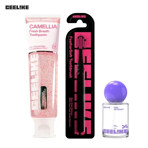 CEELIKE 3-Piece Mouth Care Teeth Cleansing Kit - Camellia Bloom Mint Fresh Breath Toothpaste, Feathersoft Toothbrush, Fresh-in-1 Spray, 24-Month Shelf Life, Selfcare Oral Care Set