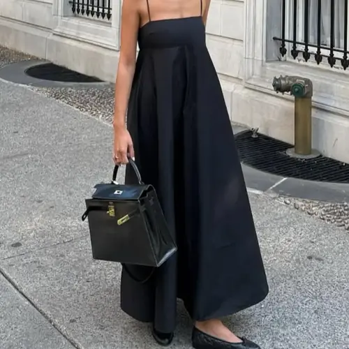 Women's Solid Color Spaghetti Strap Dress, Casual Sleeveless Long Dress for Vacation, Simple Summer Wear, Ladies Elegant Clothing, Black Dress, Elegant Fashion Dress