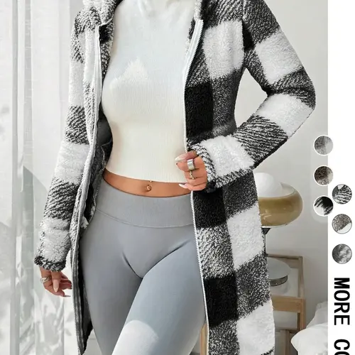 Women's Plaid Fleece Hooded Coat, Casual, Fitted, Soft Fluffy Fabric & Full Zip Closure & Mid-Length Silhouette & Multiple Color Options, Fashion Casual Outerwear, Womenswear