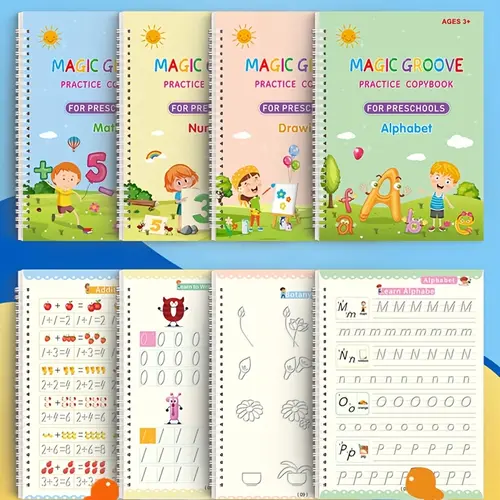 Disappearing Ink Kids' Handwriting Practice Stationery Set (Ages 3+) - 4 Reusable Grooved Letter Tracing Books, Cartoon Pen, Pencil Grip, 10 Refills, Visual Learning Tools, Office School Supplies, Kindergarten Classroom Language Aid, Kids' Gift