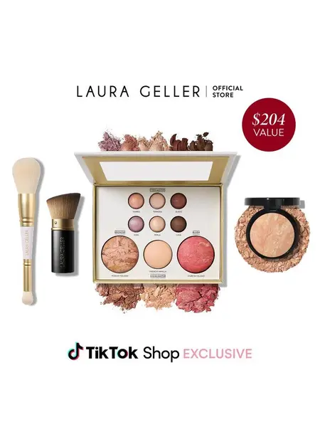 Laura Geller Tuscan Dreams Holiday Baked Starter Kit 4PC - Full Face Makeup Palette with Powder Foundation and Brushes for Flawless Skin - Makeup Set for Beginners - Easy Application - Makeup for Mature Skin