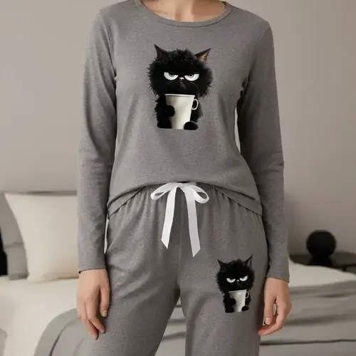 Women's Long Sleeve Pajama Set, Cartoon Cat Print, Casual Fitted Sleepwear, Spring & Fall Nightgown, Animal Pattern, Glam Lounge Wear