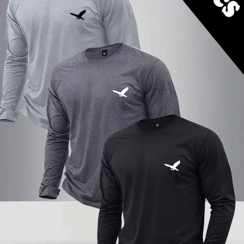 Men's 3-Piece Long-Sleeve T-Shirt Set - Eagle Print, Sporty Chic Menswear, All-Season Outdoor Sport Top, Ideal Boyfriend Gift,sohochic