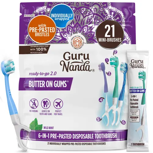 GuruNanda 6-in-1 Ready-to-Go Pre-Pasted Butter on Gums Mini Travel Toothbrush with Floss & Toothpick, No Rinsing Needed, Individually Wrapped & TSA Friendly, 21 Ct
