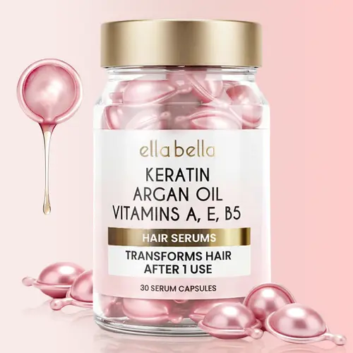 ELLA BELLA Keratin Hair Serum with Argan Oil & Vitamins A, E, B5 – Anti-Frizz Hair Treatment & Night Repair – Hair Vitamins for Women for Smooth, Shiny, Frizz-Free Hair