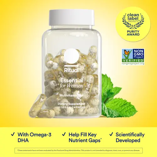 Ritual Essential for Women 50+ Multivitamin Vitamin D3, Vegan Omega-3 DHA, B12, Iron, USP Verified, Gluten-Free, 60 Capsules Supplement