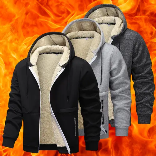 Men's Plain Long-Sleeve Zip Hoodie - 100% Polyester Tops, Wool-Lined Sweatshirt, Lightly Stretchable Regular Fit, Plus Size, Warm for Spring/Autumn, Hiking & Outdoor Activities, Beige/Black, Long-Sleeve Zip Men's Hoodies,sohochic