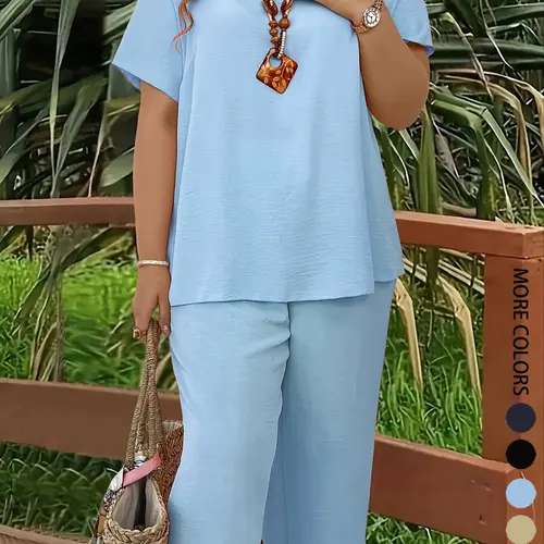 Plus Size Elegant Minimalist Women's Solid Color Short Sleeve Fashion Top & Casual Wide Leg Pants Set for Summer, Lounge Pants Set, Everyday Comfortable & Stylish, Lady Womenswear, Style, Fit, Clothes, Fashion Clothing Set