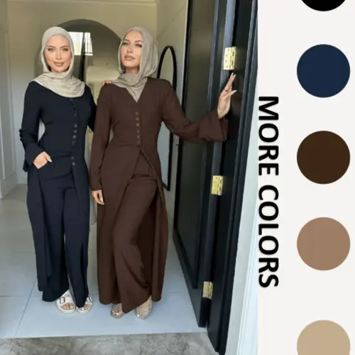 Modest Muslim Two-Piece Set Longline Buttoned Top & Wide Leg Pants Abaya Outfit Outfit Sets Women Fashion Muslim Set