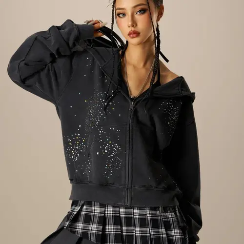 AELFRIC EDEN Women's Casual Soft Graphic Hoodie Tops - Unisex 2000s Aesthetic Streetwear, Oversized Vintage Washed Cotton Zip-Up with Rhinestone Star, Breathable Style,sohochic