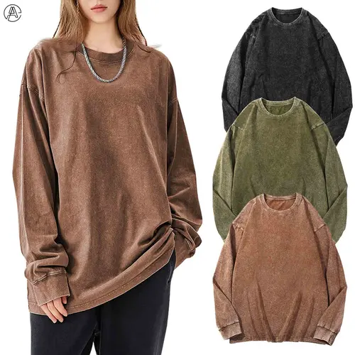Arssm 3-Pack Unisex Long Sleeve T-Shirt – Vintage Acid Wash Baggy Cotton Tee for Streetwear, Casual Outfits & Layering