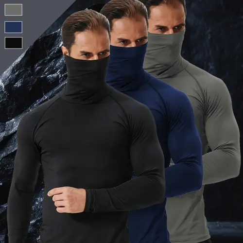 Men's Lightweight 3-Piece Sportswear Set, Compression Fit Base Layer with Face Mask, High Elasticity for Running & Fitness, Activewear Clothing, Athleisure Sportswear Set, Athletic Workout Clothing, Twill, Male, Unisex