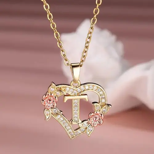 Women's Rose Gold Aesthetic Alphabet Heart Initial Necklace, 1pc Elegant Zirconia Gold Plated Chain Necklace, Dainty Custom Letters Casual Style Jewelry for Valentine's Day Gifts (GM-954), Gold Plated Necklace, Dainty Gold Letter,sohochic