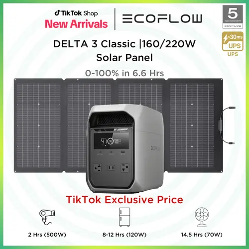 ECOFLOW DELTA 3 Classic Portable Power Station with 160 or 220W Solar Panel, Solar Charging, LiFePO4 Battery, 1800W AC/100W USB-C Output