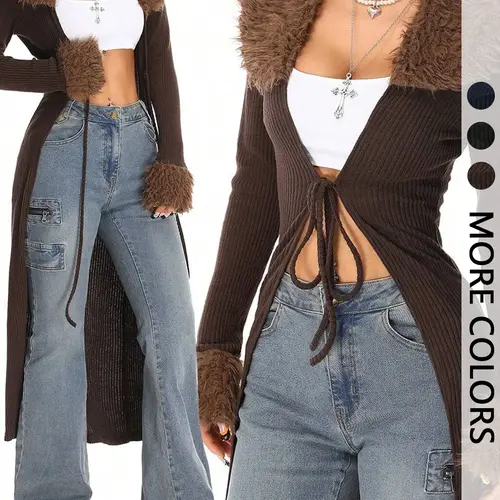 Women's Long Sleeve Knit Cardigan, Fashion Vintage Casual Style, Fitted Medium-Weight Fabric, Fall & Winter Outerwear, Knitwear, Tops