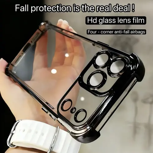 Transparent Electroplated Frame Smartphone Casing - 4-Corner Anti-Fall with Safety Pad, Sturdy Thick Phone Protector Accessories for iPhone 17 Pro Max, 16, 15, 14, 13, 12, 11 Pro Max Plus Devices, Handheld
