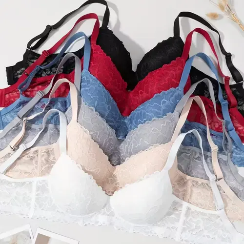 6pcs Stylish Lace-Up Push-Up Bras with Underwire - Non-Slip, Gathered Design to Create a Flattering Figure, Adult Sizes, Assorted Colors (Black, Red, Blue, Gray, White), Everyday Comfort| Gathered Lingerie| Nonremovable Paddin