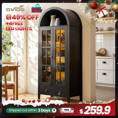 【SohoChic Sale】Ovios 71" Tall Arched Kitchen Pantry with Glass Door & Magnetic LED Lights, Modern Farmhouse Deep-Drawer Livingroom Storage Cabinet, Eco Wood Panel, Cupboard for Kitchen/Dining/Bathroom/Toy