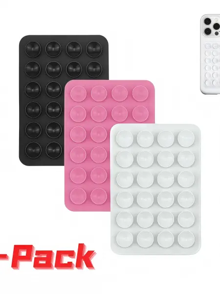 3-Pack Silicone Cell Phone Holder for Car, 24 Suction Cups Anti-Slip Mount, Universal Hands-Free Stand for Smooth Surfaces, White/Pink/Black Car Interior Accessories