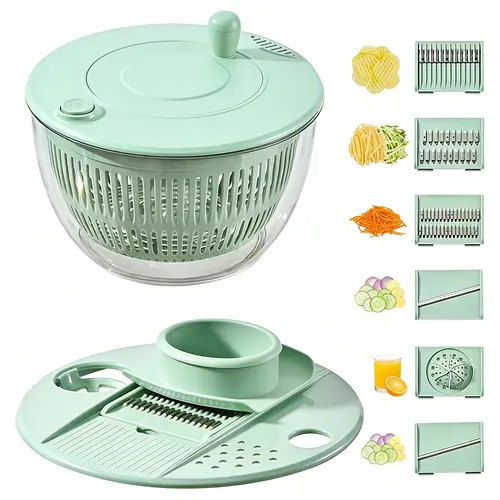 UFORU 5.3 Qt Large 3-in-1 Rotating Salad Spinner Set, Kitchen Utensils with Washing Bowl, Strainer, 5-Blade Slicer, Egg Yolk Strainer, Salad Bowl, Lid, Citrus Juicer & Cheese Prep Tool for Efficient Prep