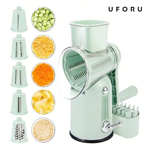 UFORU 5-in-1 Stainless Steel Rotary Kitchen Grater & Vegetable Slicer Utensils - Smooth Transparent Blade, Suction Base, Safety Handle for Cheese, Vegetable Shredding, Snack Prep