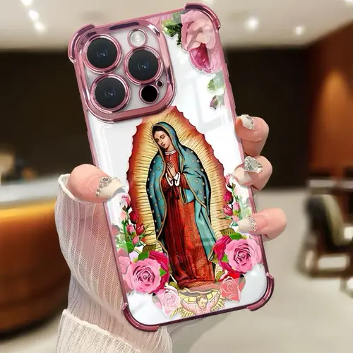 Virgin Mary Flower Pattern Shockproof Cellphone Case, 4-Corner Anti-Fall TPU Casing, Sturdy Protector Accessories for iPhone 11,12,13,14,15,16,17 Pro Max