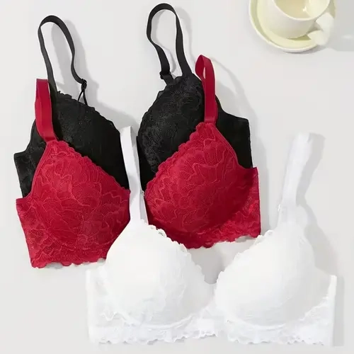 3-Pack Elegant Lace Bras for Women, High Support Push-Up Underwire, Contrast Lace Detail, Solid Color, Knit Fabric, Polyamide with Elastane Lining, Non-Removable Padding