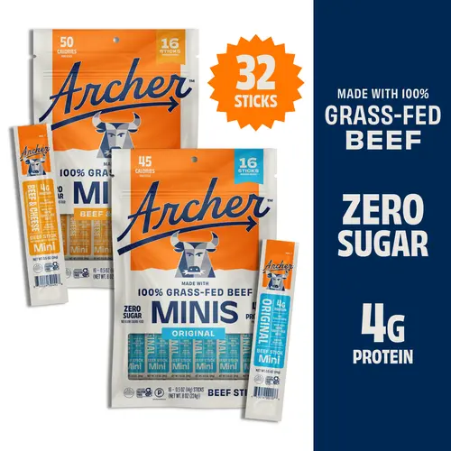 Archer Mini Beef Sticks Variety Pack - 32-Count Natural High Protein Dried Snacks, Includes Original, Beef & Cheese Flavors, On-the-Go Healthy Snacks, High Protein Snack