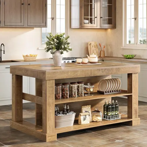 Tribesigns Light Brown Kitchen Island With 3 Shelves, Farmhouse Style, 55 Inches Wide, Easy to Assemble