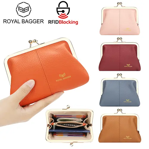 Royal Bagger Women's Genuine Leather Chic Casual Minimalist RFID Blocking Kiss Lock Coin Purse - RFID Pouch Wallet with Multi-Card Slots, High-Capacity, Multi-Function, Scratchproof, Lightweight, Everyday Carry, Ladies Wallet, Wallets For Women,sohochic