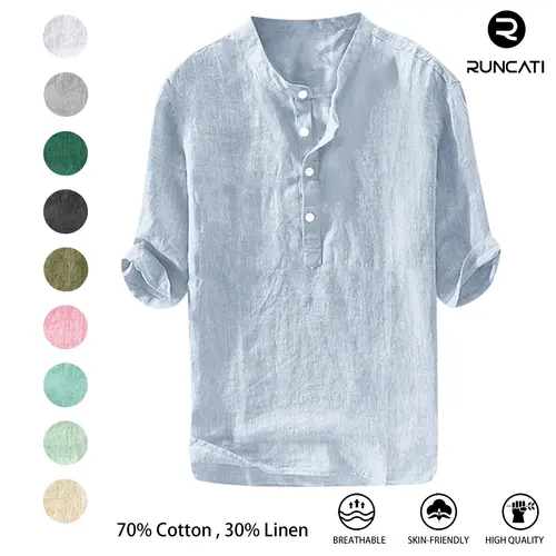 Runcati Mens 70% Cotton 30% Linen Shirts Casual Cotton 3/4 Sleeve Regular-Fit Henley T-Shirt Summer Lightweight Beach Yoga Tops