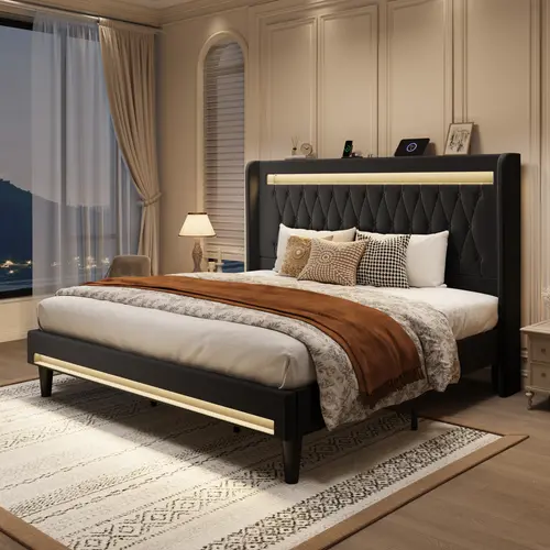SHA CERLIN LED Bed Frame with Velvet Upholstered Diamond-Tufted Headboard, Platform Bed Base with Outlets, Full/King/Queen Bed Frame, No Box Spring Needed, sohochic