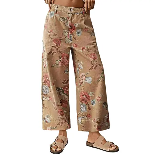 Chouyatou Women's Mid-Rise Floral Print Cropped Denim Trouser - Bohemian Loose Wide-Leg Streetwear Pants, Women's Clothes Bottoms, Jeans Capri Pants, Fashion Apparel,back to school shopping, Baggy, Stylish Women's Wear