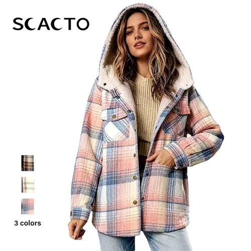Scacto Women's Inclusive Size Polyester-Spandex Checkered-Houndstooth Print Button-Front Hooded Coat - Soft, Comfortable, Casual Long-Sleeve Pocket Outerwear for Fall, Winter, Thanksgiving Daily Street Wear,sohochic