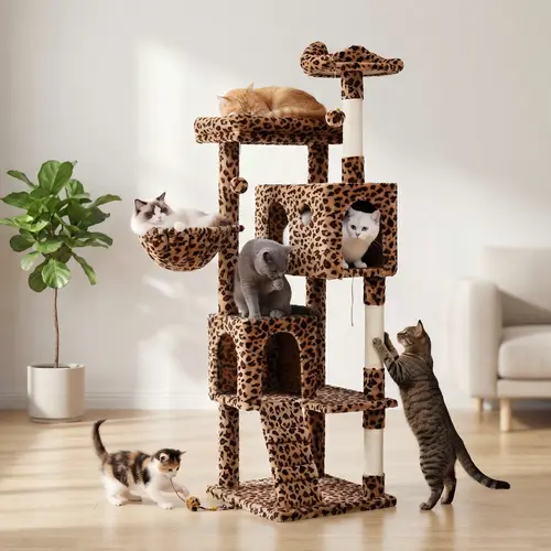SHA CERLIN 64in(5.3ft) Multi-Level Cat Tree Tower - Vertical Scratcher, Sisal Rope Posts, Ladder, Cozy Kitten Condo, Basket, Top Perching Spot, Wood Dust Base, Multi-Level Play, Indoor Home Corner-Fit Lounging Furniture