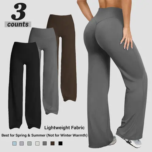 Women's Chic Flared Knitting Pants, Plain High-Waisted Stretchy Bottoms with V-Back Seam for Everyday Yoga and Lounge Wear,sohochic