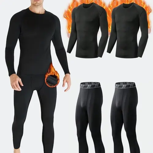 Men's 2-Set Fleece-Lined Thermal Underwear, 4-Piece Stretch Outdoor Base Layer Shirts & Pants, Sweat-Wicking Hunting Polyester Sleepwear for Cold Winter Weather