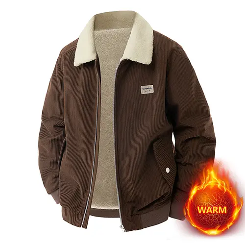 Men's Stylish Casual Menswear Long Sleeve Corduroy Jacket - Faux Fur Collar, Warm Sherpa-Lined Tops Coat, Plain,sohochic