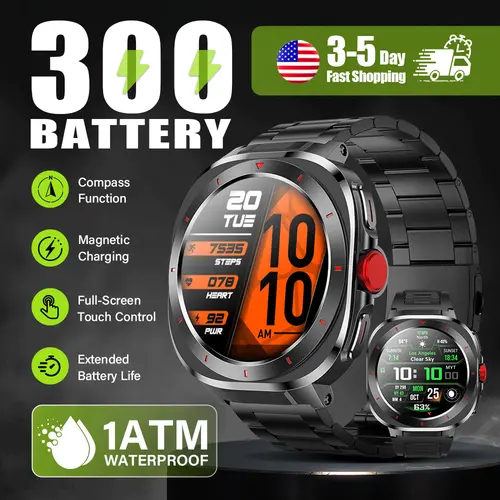 HDM Adventure Wristwatch Smart Device - 1.39” Ultra-Vivid HD Screen, 1ATM Waterproof, Compass, Bluetooth Calling, Speaker, Steel Build, Fast Charging, Outdoor Fitness & Daily Wearable for iOS Android, Silicone, Round