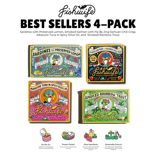 Fishwife Tinned Fish Best Selling Variety Bundles - Best Seller 4 Pack, Protein 4 Pack, Glowing Skin 4 Pack, Tuna Lovers 4 Pack