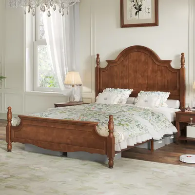 AMERLIFE Traditional Solid Wood Poster Bed Frame with 56" Arched Headboard, 1000lb Capacity, Silent Slatted Bed Base with Wooden Slats Support, Panel Grooves, No Box Spring Needed, Easy Assembly #SohoChic